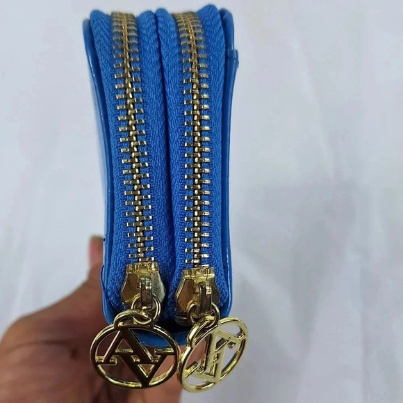 Adrienne Vittadini Bifold Blue Patent Leather with Gold Colored Zippers Wallet - Picture 7 of 14